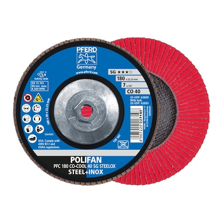 Pferd 7" x 5/8-11 Thd. POLIFAN Flap Disc - CO-COOL SG STEELOX, Ceramic oxide, 40 Grit, Conical 62693